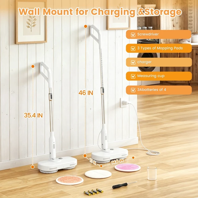 Alt view image 3 of 7 - Rechargeable Cordless Electric Spin mop (White) | Large Water Tank, Extended Battery Runtime, LED Headlight for Dark Corners, Balanced Weight & Optimized Spin Speed