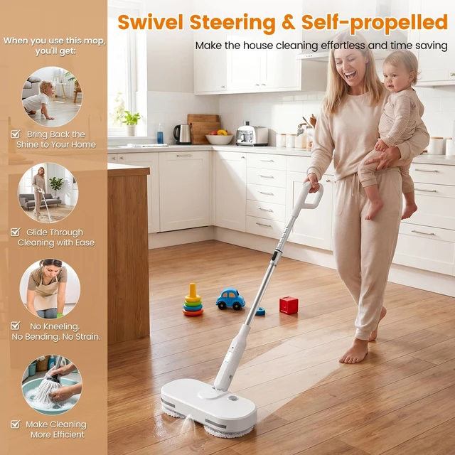 Alt view image 4 of 7 - Rechargeable Cordless Electric Spin mop (White) | Large Water Tank, Extended Battery Runtime, LED Headlight for Dark Corners, Balanced Weight & Optimized Spin Speed