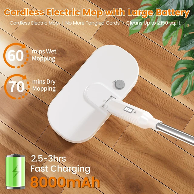 Alt view image 6 of 7 - Rechargeable Cordless Electric Spin mop (White) | Large Water Tank, Extended Battery Runtime, LED Headlight for Dark Corners, Balanced Weight & Optimized Spin Speed