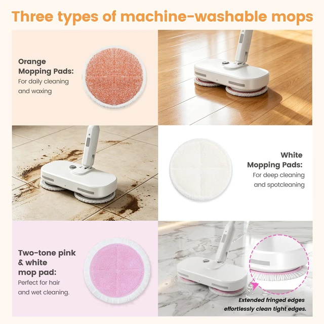Alt view image 7 of 7 - Rechargeable Cordless Electric Spin mop (White) | Large Water Tank, Extended Battery Runtime, LED Headlight for Dark Corners, Balanced Weight & Optimized Spin Speed
