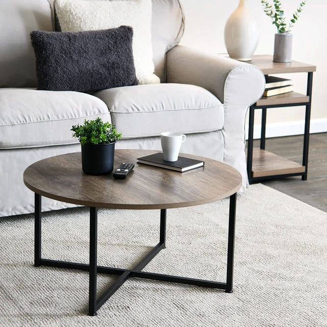 Alt view image 6 of 7 - Jamestown Round Coffee Table Ashwood Rustic Wood Grain and Black Metal 31.5 x 31.5, Taupe
