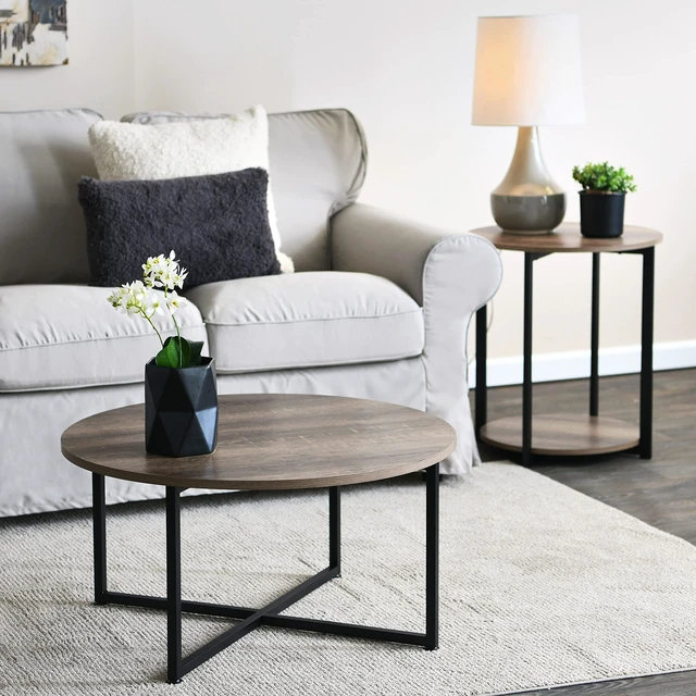 Alt view image 7 of 7 - Jamestown Round Coffee Table Ashwood Rustic Wood Grain and Black Metal 31.5 x 31.5, Taupe