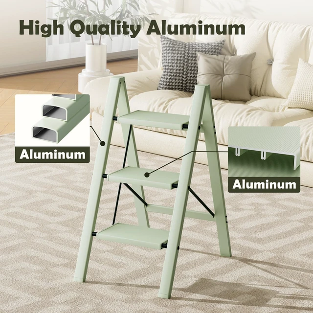 Alt view image 3 of 7 - 3 Step Stool Foldable,Aluminum Step Ladder-FairylandGreen | Lightweight,Wide Anti-Slip Pedals,Folding Step Stool,330lbs Capacity Stepladder for Household,Kitchen,Office