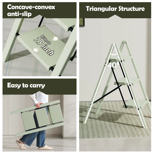 Alt view image 4 of 7 - 3 Step Stool Foldable,Aluminum Step Ladder-FairylandGreen | Lightweight,Wide Anti-Slip Pedals,Folding Step Stool,330lbs Capacity Stepladder for Household,Kitchen,Office