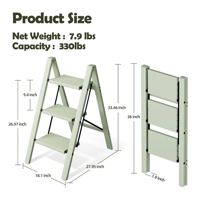 Alt view image 6 of 7 - 3 Step Stool Foldable,Aluminum Step Ladder-FairylandGreen | Lightweight,Wide Anti-Slip Pedals,Folding Step Stool,330lbs Capacity Stepladder for Household,Kitchen,Office
