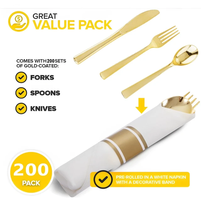 Alt view image 2 of 7 - 200 Pack Pre Rolled Gold Silverware Set Disposable for Wedding | Individually Wrapped Utensils, Heavy Duty, Durable and Sturdy, BPA free, include Matching Napkins, for Party, Event Supplies