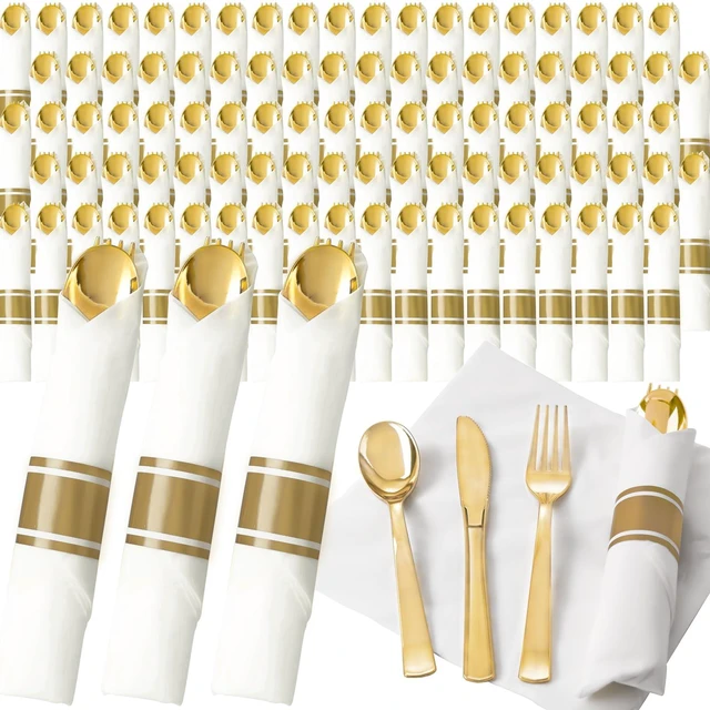 Main image of 200 Pack Pre Rolled Gold Silverware Set Disposable for Wedding | Individually Wrapped Utensils, Heavy Duty, Durable and Sturdy, BPA free, include Matching Napkins, for Party, Event Supplies