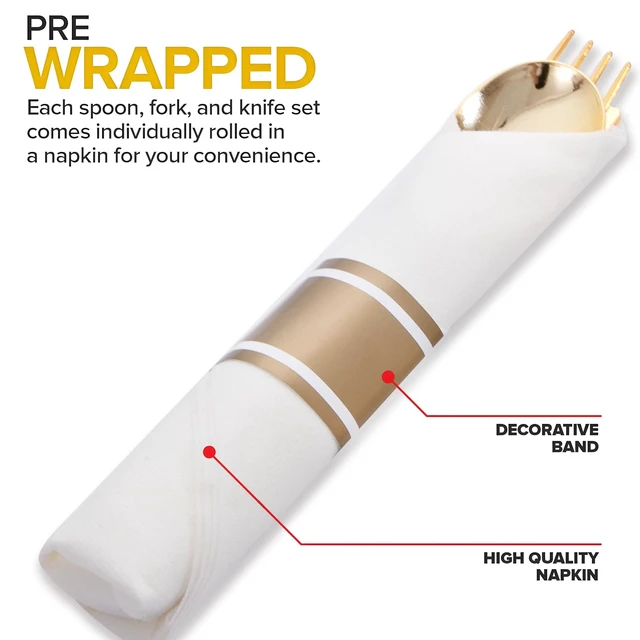 Alt view image 4 of 7 - 200 Pack Pre Rolled Gold Silverware Set Disposable for Wedding | Individually Wrapped Utensils, Heavy Duty, Durable and Sturdy, BPA free, include Matching Napkins, for Party, Event Supplies