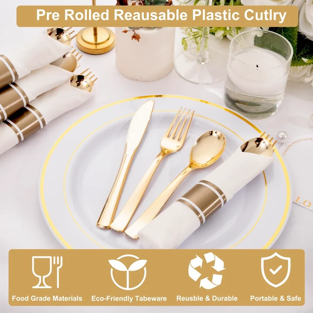 Alt view image 5 of 7 - 200 Pack Pre Rolled Gold Silverware Set Disposable for Wedding | Individually Wrapped Utensils, Heavy Duty, Durable and Sturdy, BPA free, include Matching Napkins, for Party, Event Supplies
