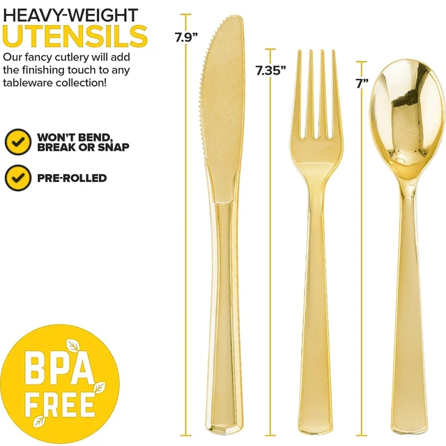 Alt view image 6 of 7 - 200 Pack Pre Rolled Gold Silverware Set Disposable for Wedding | Individually Wrapped Utensils, Heavy Duty, Durable and Sturdy, BPA free, include Matching Napkins, for Party, Event Supplies