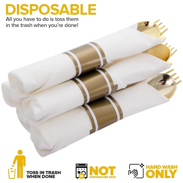 Alt view image 7 of 7 - 200 Pack Pre Rolled Gold Silverware Set Disposable for Wedding | Individually Wrapped Utensils, Heavy Duty, Durable and Sturdy, BPA free, include Matching Napkins, for Party, Event Supplies