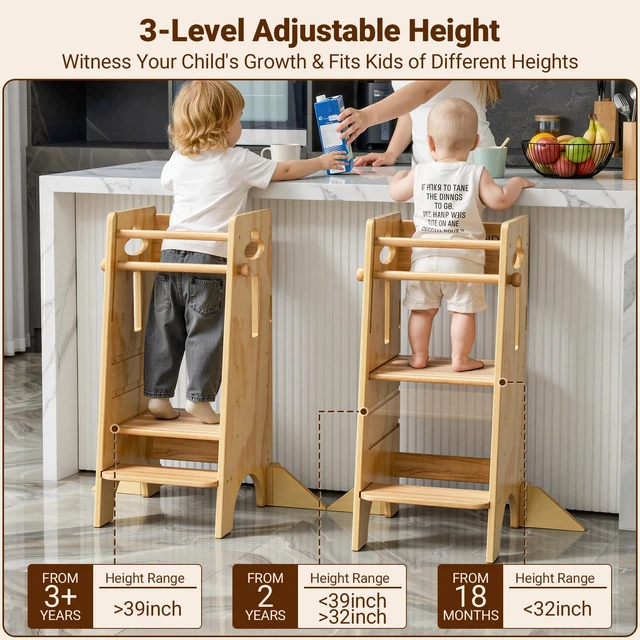 Alt view image 2 of 7 - Height Adjustable Toddler Standing Tower(NO Wide Back Panel) - Super Stable Kids Kitchen Stool Helper with 4 Support Blocks - 3 Levels Adjustable Wooden Kitchen Stool (All Natural)