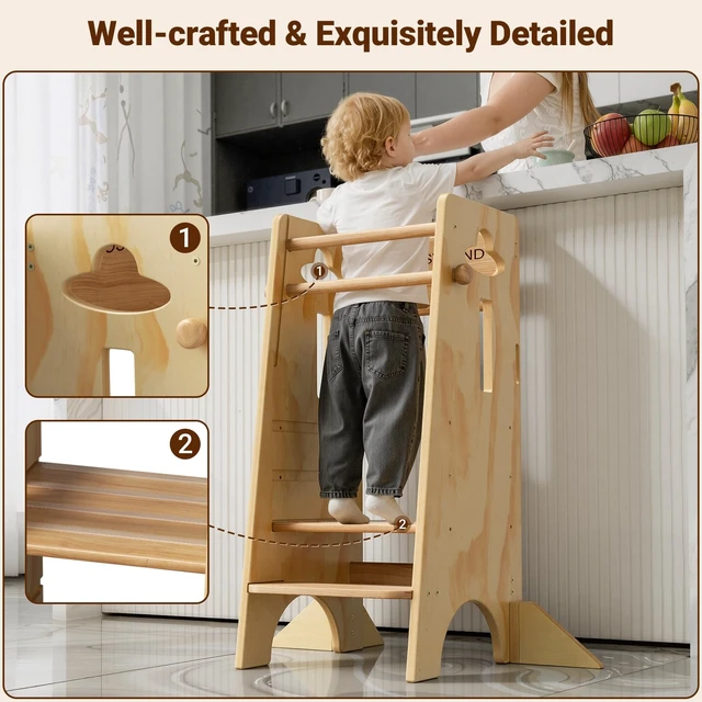 Alt view image 3 of 7 - Height Adjustable Toddler Standing Tower(NO Wide Back Panel) - Super Stable Kids Kitchen Stool Helper with 4 Support Blocks - 3 Levels Adjustable Wooden Kitchen Stool (All Natural)