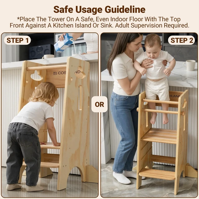 Alt view image 7 of 7 - Height Adjustable Toddler Standing Tower(NO Wide Back Panel) - Super Stable Kids Kitchen Stool Helper with 4 Support Blocks - 3 Levels Adjustable Wooden Kitchen Stool (All Natural)