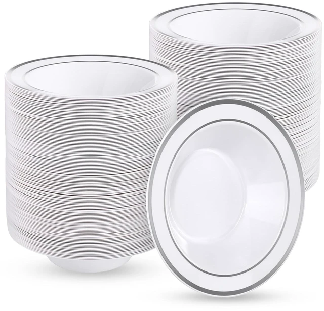 Main image of 300 Pack Plastic Bowls with Silver Rim | 12oz Disposable Soup Bowls, Heavy Duty Dessert Bowls for Weddings, Parties, Dinners, Catering, and Everyday Use