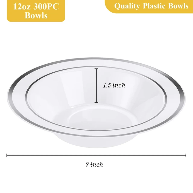 Alt view image 4 of 7 - 300 Pack Plastic Bowls with Silver Rim | 12oz Disposable Soup Bowls, Heavy Duty Dessert Bowls for Weddings, Parties, Dinners, Catering, and Everyday Use