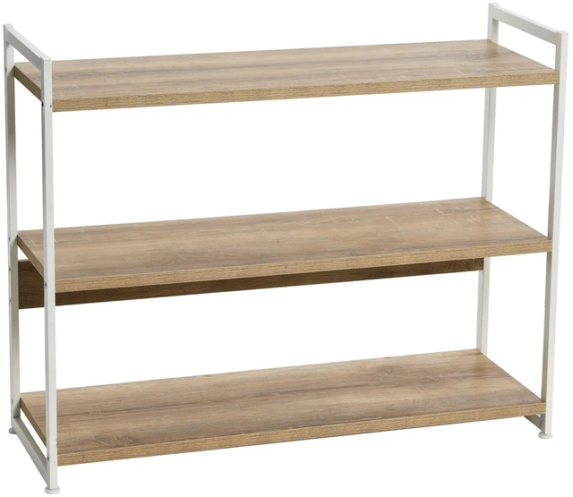 Main image of Jamestown Wide 3 Shelf Open Storage Bookshelf Coastal Oak Rustic Wood Grain and White Metal