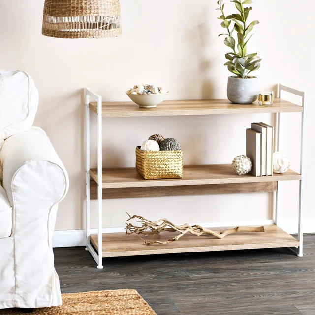 Alt view image 2 of 6 - Jamestown Wide 3 Shelf Open Storage Bookshelf Coastal Oak Rustic Wood Grain and White Metal