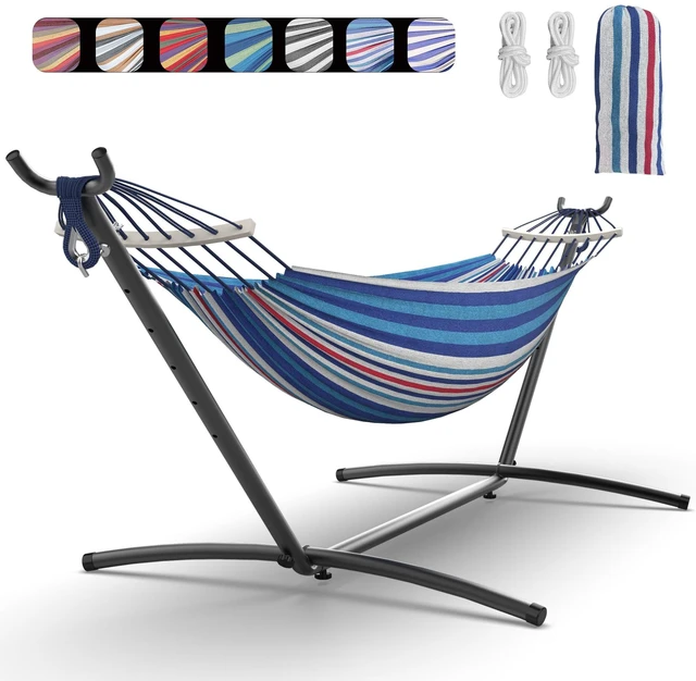 Main image of Double Hammock with Stand for 2 Person, 600 lb Capacity, Fine Blue | Free Standing Hammock with Steel Stand, Carrying Bag Included Hamaca para Adultos, Indoor & Outdoor Patio