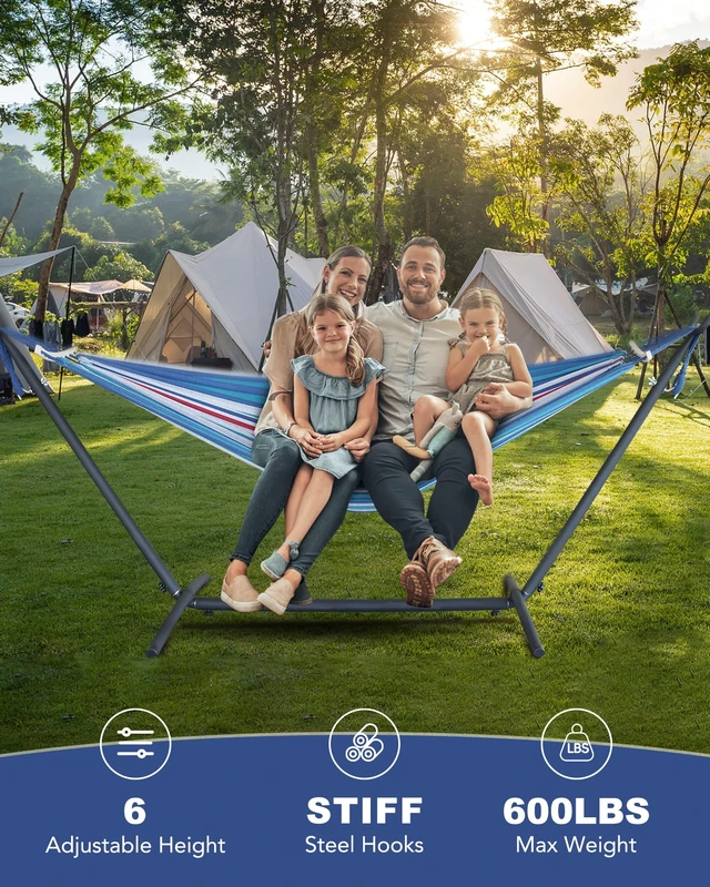 Alt view image 3 of 6 - Double Hammock with Stand for 2 Person, 600 lb Capacity, Fine Blue | Free Standing Hammock with Steel Stand, Carrying Bag Included Hamaca para Adultos, Indoor & Outdoor Patio