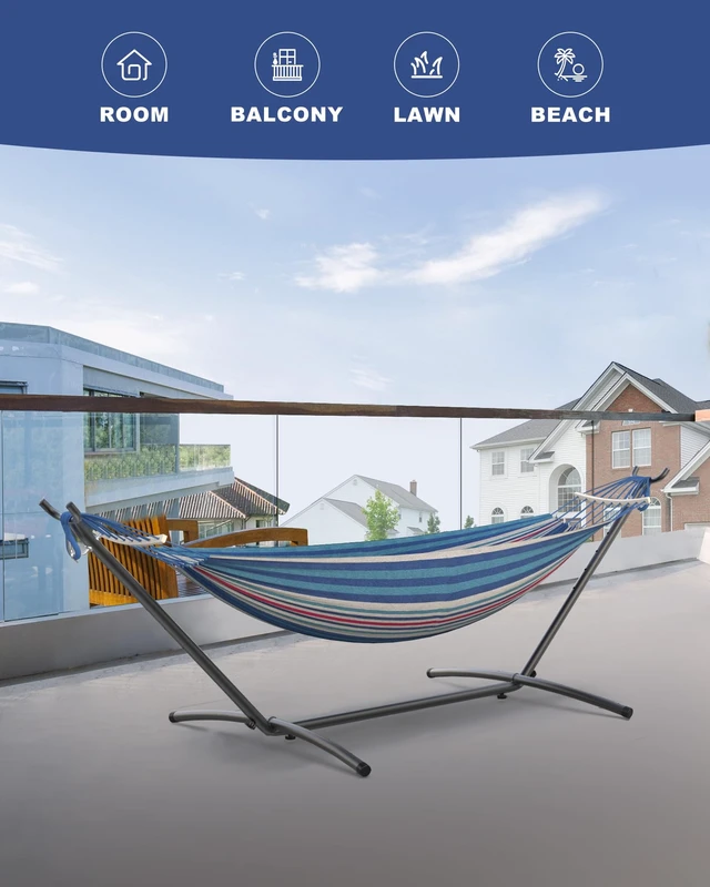 Alt view image 6 of 6 - Double Hammock with Stand for 2 Person, 600 lb Capacity, Fine Blue | Free Standing Hammock with Steel Stand, Carrying Bag Included Hamaca para Adultos, Indoor & Outdoor Patio