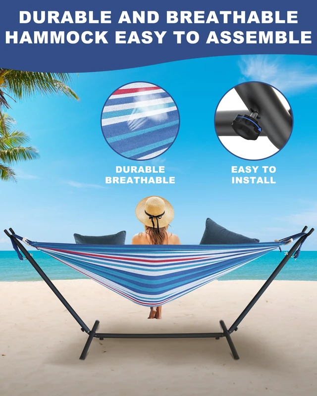Alt view image 4 of 6 - Double Hammock with Stand for 2 Person, 600 lb Capacity, Fine Blue | Free Standing Hammock with Steel Stand, Carrying Bag Included Hamaca para Adultos, Indoor & Outdoor Patio