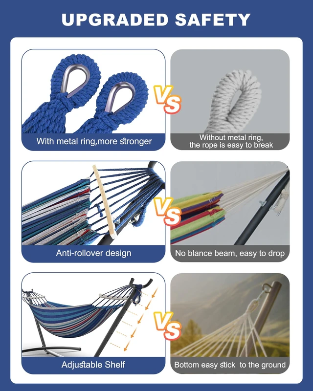 Alt view image 2 of 6 - Double Hammock with Stand for 2 Person, 600 lb Capacity, Fine Blue | Free Standing Hammock with Steel Stand, Carrying Bag Included Hamaca para Adultos, Indoor & Outdoor Patio