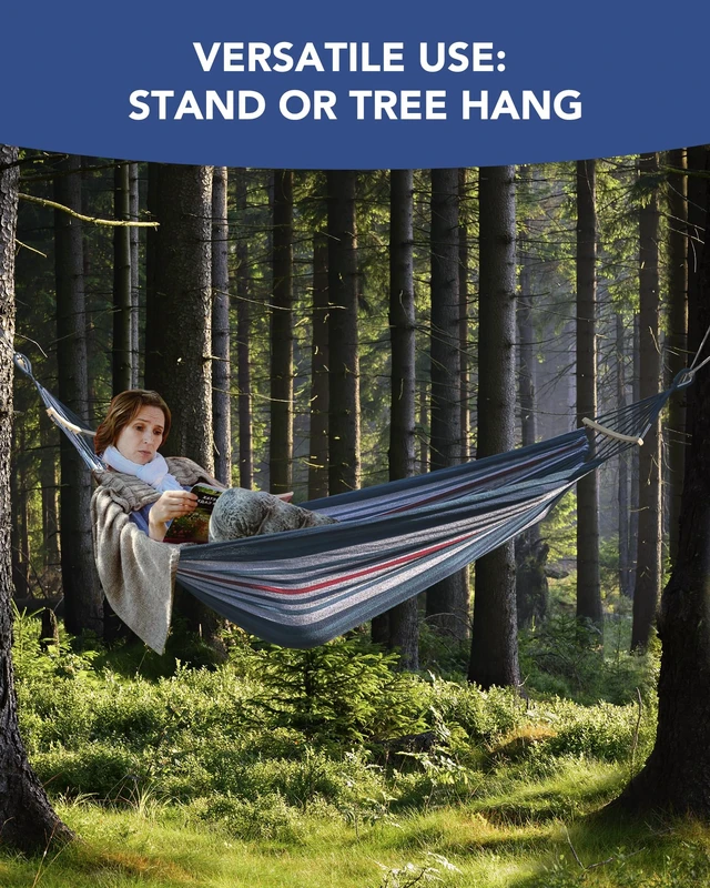 Alt view image 5 of 6 - Double Hammock with Stand for 2 Person, 600 lb Capacity, Fine Blue | Free Standing Hammock with Steel Stand, Carrying Bag Included Hamaca para Adultos, Indoor & Outdoor Patio