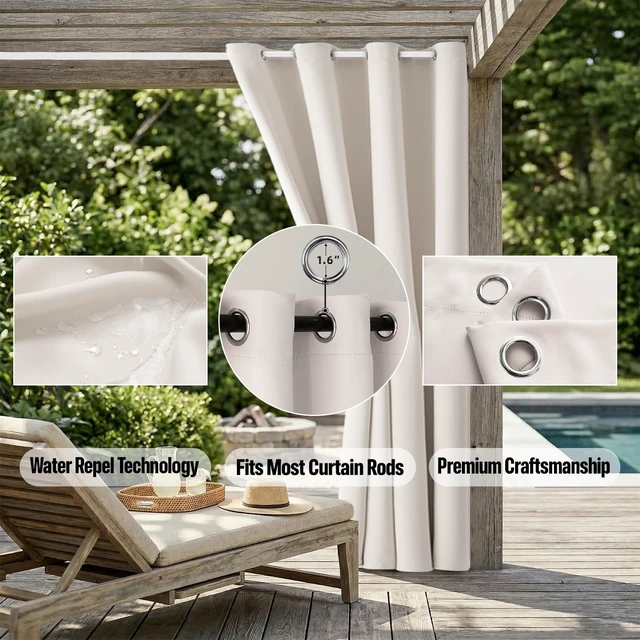 Alt view image 5 of 7 - Waterproof Outdoor Curtain W105 x L108 - Grommet Top Sunlight Blocking Window Treatment Drapes Blackout Curtains for Home Bedroom Living Room Outdoor Patio Porch Pergola Cabana Gazebo, 2 Panels