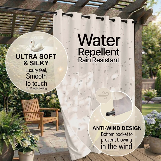 Alt view image 4 of 7 - Waterproof Outdoor Curtain W105 x L108 - Grommet Top Sunlight Blocking Window Treatment Drapes Blackout Curtains for Home Bedroom Living Room Outdoor Patio Porch Pergola Cabana Gazebo, 2 Panels