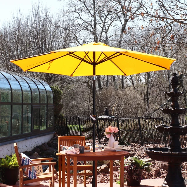Alt view image 6 of 7 - Sunnydaze Outdoor Patio Umbrella with Tilt & Crank, Gold, 9ft | Powder-Coated Aluminum Pole, Wind & Weather Resistant, Vented Large Outdoor Umbrella for Patio or Pool, Table Market Umbrella