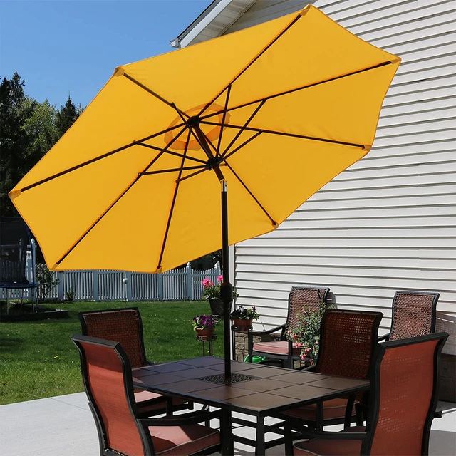 Alt view image 7 of 7 - Sunnydaze Outdoor Patio Umbrella with Tilt & Crank, Gold, 9ft | Powder-Coated Aluminum Pole, Wind & Weather Resistant, Vented Large Outdoor Umbrella for Patio or Pool, Table Market Umbrella