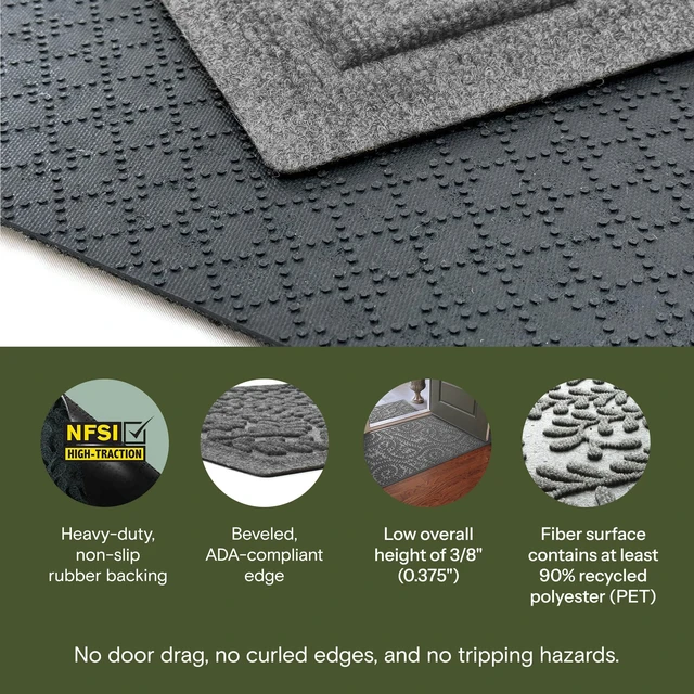 Alt view image 3 of 7 - Boxwood Front Door Mat Indoor Outdoor Entrance, All-Weather Mats | Heavy Duty Outdoor Doormats, Non-Slip Rubber Backing, Dirt & Moisture Trapper, Low Profile, Made in USA, 22"x59", Medium Grey
