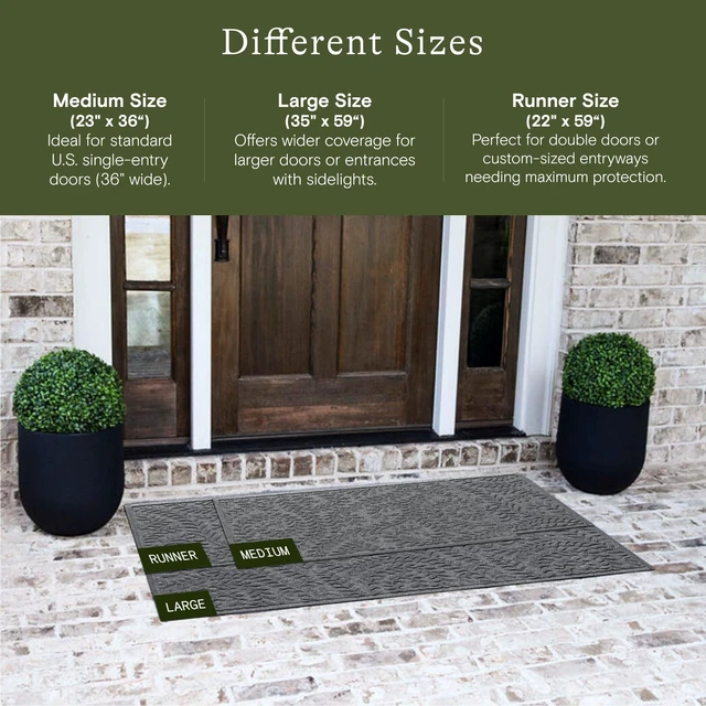 Alt view image 2 of 7 - Boxwood Front Door Mat Indoor Outdoor Entrance, All-Weather Mats | Heavy Duty Outdoor Doormats, Non-Slip Rubber Backing, Dirt & Moisture Trapper, Low Profile, Made in USA, 22"x59", Medium Grey