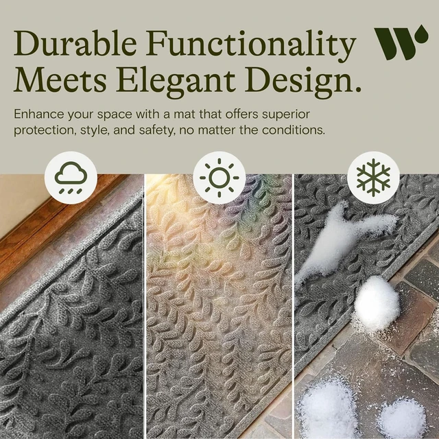 Alt view image 6 of 7 - Boxwood Front Door Mat Indoor Outdoor Entrance, All-Weather Mats | Heavy Duty Outdoor Doormats, Non-Slip Rubber Backing, Dirt & Moisture Trapper, Low Profile, Made in USA, 22"x59", Medium Grey