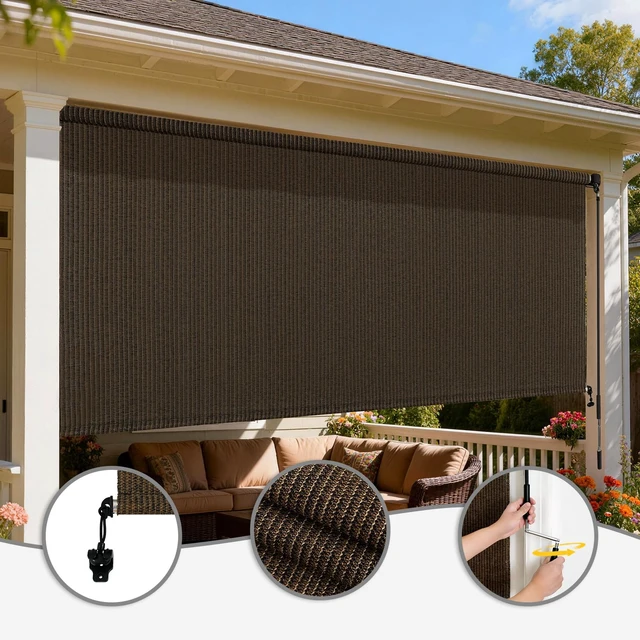 Alt view image 3 of 7 - Outdoor Cordless Roller Shades, 8' W x 8' H, Mocha | Splicing Design, Exterior Roll Up Blind for Patio, Gazebo, Balcony & Backyard, Two-Section Poles with One-Piece Fabric