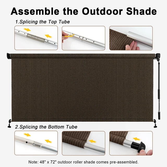 Alt view image 6 of 7 - Outdoor Cordless Roller Shades, 8' W x 8' H, Mocha | Splicing Design, Exterior Roll Up Blind for Patio, Gazebo, Balcony & Backyard, Two-Section Poles with One-Piece Fabric