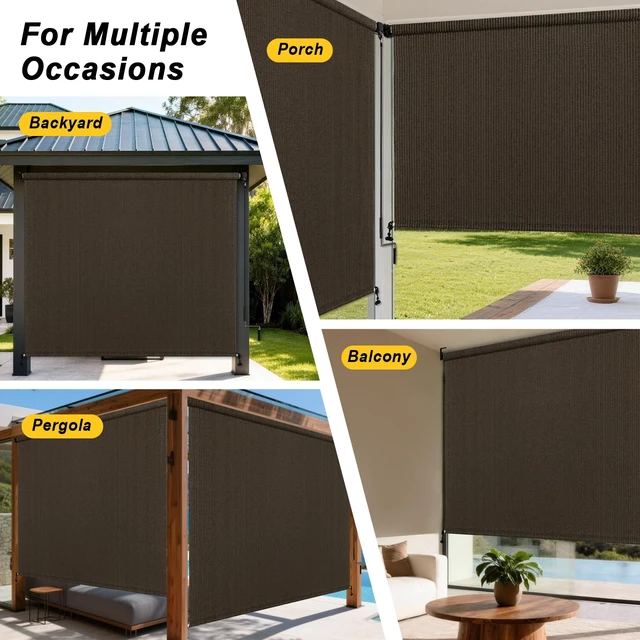 Alt view image 5 of 7 - Outdoor Cordless Roller Shades, 8' W x 8' H, Mocha | Splicing Design, Exterior Roll Up Blind for Patio, Gazebo, Balcony & Backyard, Two-Section Poles with One-Piece Fabric