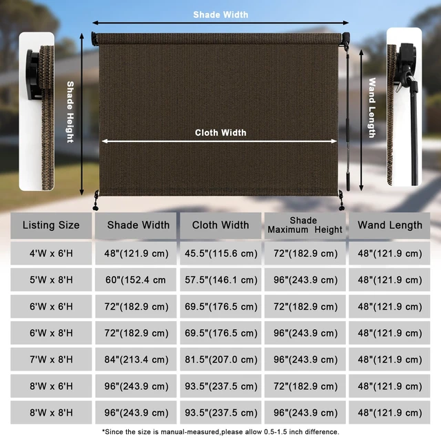 Alt view image 4 of 7 - Outdoor Cordless Roller Shades, 8' W x 8' H, Mocha | Splicing Design, Exterior Roll Up Blind for Patio, Gazebo, Balcony & Backyard, Two-Section Poles with One-Piece Fabric