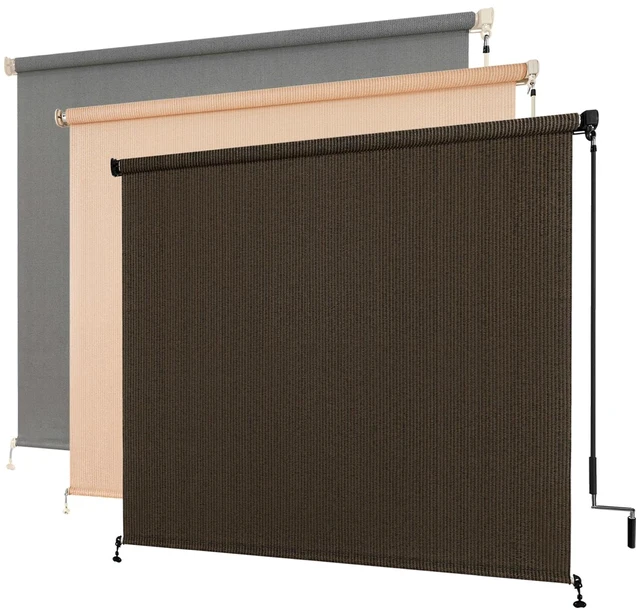 Main image of Outdoor Cordless Roller Shades, 8' W x 8' H, Mocha | Splicing Design, Exterior Roll Up Blind for Patio, Gazebo, Balcony & Backyard, Two-Section Poles with One-Piece Fabric