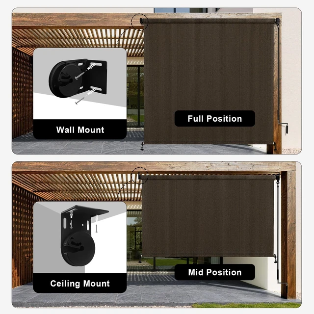 Alt view image 7 of 7 - Outdoor Cordless Roller Shades, 8' W x 8' H, Mocha | Splicing Design, Exterior Roll Up Blind for Patio, Gazebo, Balcony & Backyard, Two-Section Poles with One-Piece Fabric