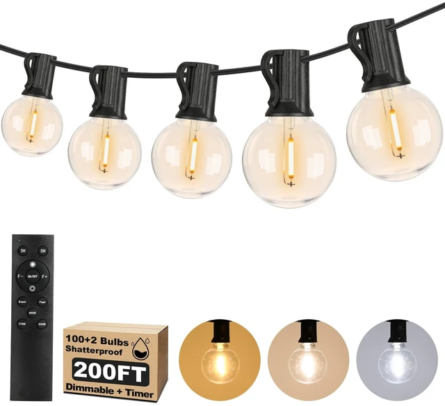 Main image of 200FT LED Outdoor String Lights with Dimmable 3 Color Lights with Remote | String Light for Outside, G40 Globe Waterproof Patio Lights with 100 Shatterproof Bulbs for Party Backyard BBQ House Camping
