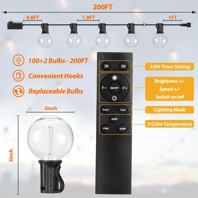 Alt view image 6 of 7 - 200FT LED Outdoor String Lights with Dimmable 3 Color Lights with Remote | String Light for Outside, G40 Globe Waterproof Patio Lights with 100 Shatterproof Bulbs for Party Backyard BBQ House Camping