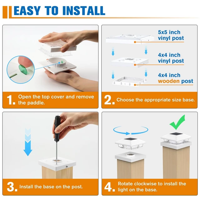 Alt view image 5 of 6 - Solar Post Cap Lights,4x4 Post Solar Light,Cool White,20 Pack White | Fence Post Solar Lights for 4x4 Post Caps Wood Vinyl &5x5 Vinyl Post,IP64 Waterproof Solar Post Lights Outdoor for Deck