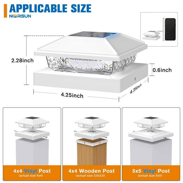 Alt view image 4 of 6 - Solar Post Cap Lights,4x4 Post Solar Light,Cool White,20 Pack White | Fence Post Solar Lights for 4x4 Post Caps Wood Vinyl &5x5 Vinyl Post,IP64 Waterproof Solar Post Lights Outdoor for Deck