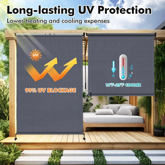 Alt view image 2 of 7 - Outdoor Roller Shade 8' W x 8' H, Blue Gray Exterior Cordless Patio Shades Roll Up Blinds with Spliced Pole Design, (2 Poles, One-Piece Fabric)