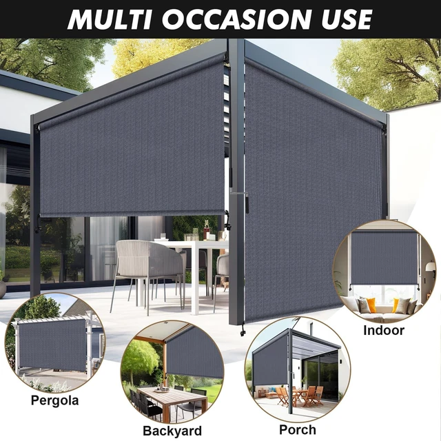 Alt view image 6 of 7 - Outdoor Roller Shade 8' W x 8' H, Blue Gray Exterior Cordless Patio Shades Roll Up Blinds with Spliced Pole Design, (2 Poles, One-Piece Fabric)