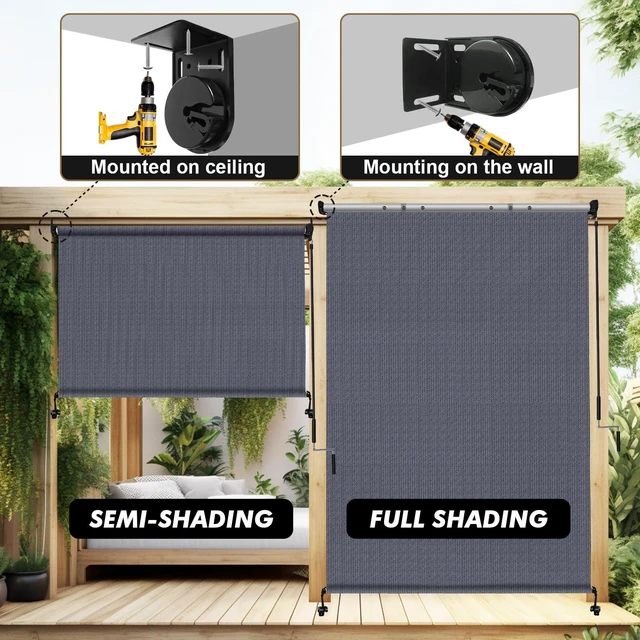 Alt view image 7 of 7 - Outdoor Roller Shade 8' W x 8' H, Blue Gray Exterior Cordless Patio Shades Roll Up Blinds with Spliced Pole Design, (2 Poles, One-Piece Fabric)