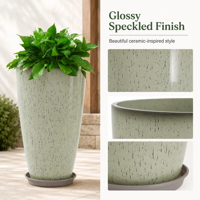 Alt view image 5 of 7 - Set of 2 Tall Planter, 21 inch Large Plastic Planter, Drip Glaze | Ceramic-Look, Lightweight, Built-in Drain Hole, Saucers, Tall Outdoor Planter for Porch, Garden, Patio, Balcony