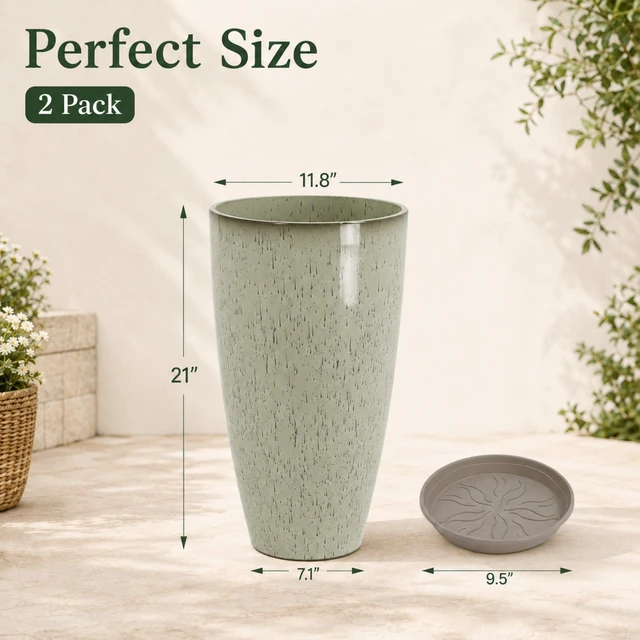 Alt view image 3 of 7 - Set of 2 Tall Planter, 21 inch Large Plastic Planter, Drip Glaze | Ceramic-Look, Lightweight, Built-in Drain Hole, Saucers, Tall Outdoor Planter for Porch, Garden, Patio, Balcony